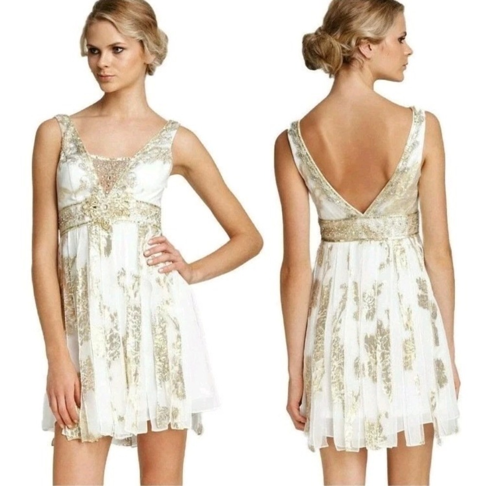 Sue Wong Nocturne Silk Gold Foil Embellished Cocktail Dress Sz 12 Beaded Prom